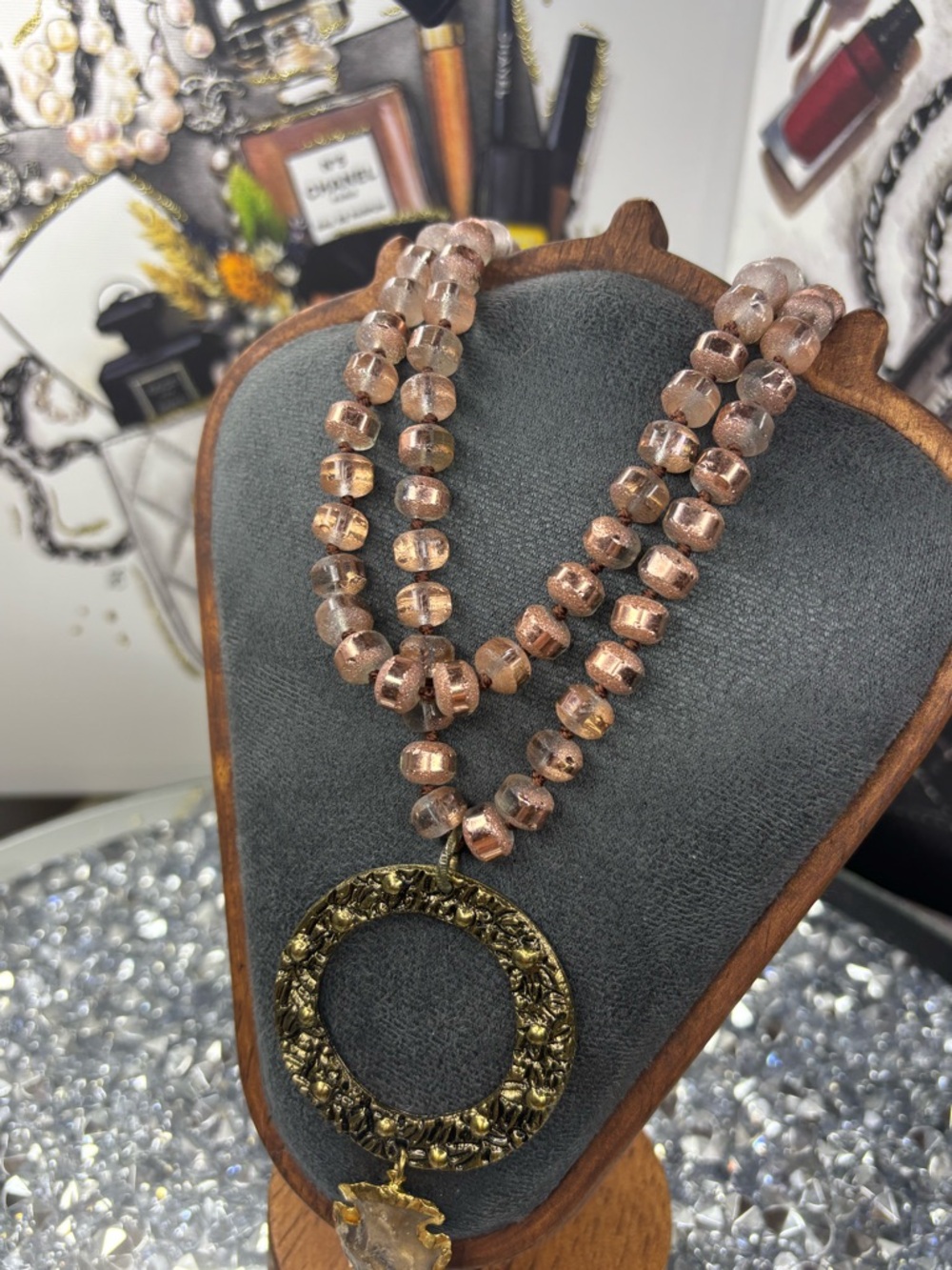 Rose Gold tiger's eye beaded Necklace with Ornate Gold Circle Pendant - Picture 7 of 8